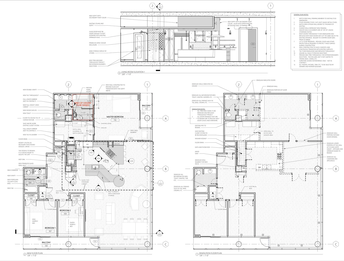 Floor plans and elevation for a penthouse remodel at The Arlington, showing demolition and new construction