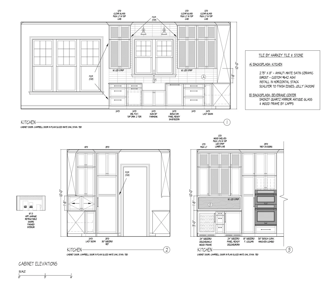 Kitchen remodel in Heydon Hall, cabinet elevations with clear glass upper cabinets and a beverage center