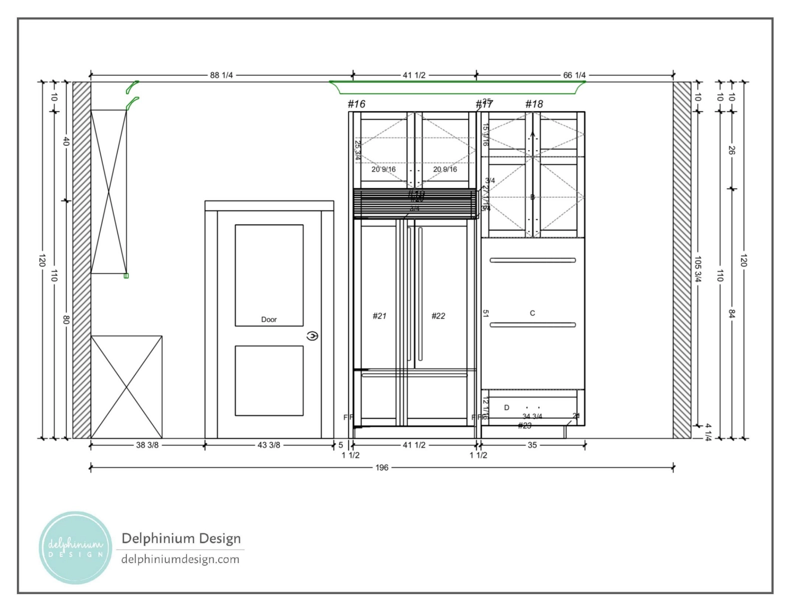Kitchen design drawing with refrigerator, pantry, and upper cabinets in Ballantyne Country Club