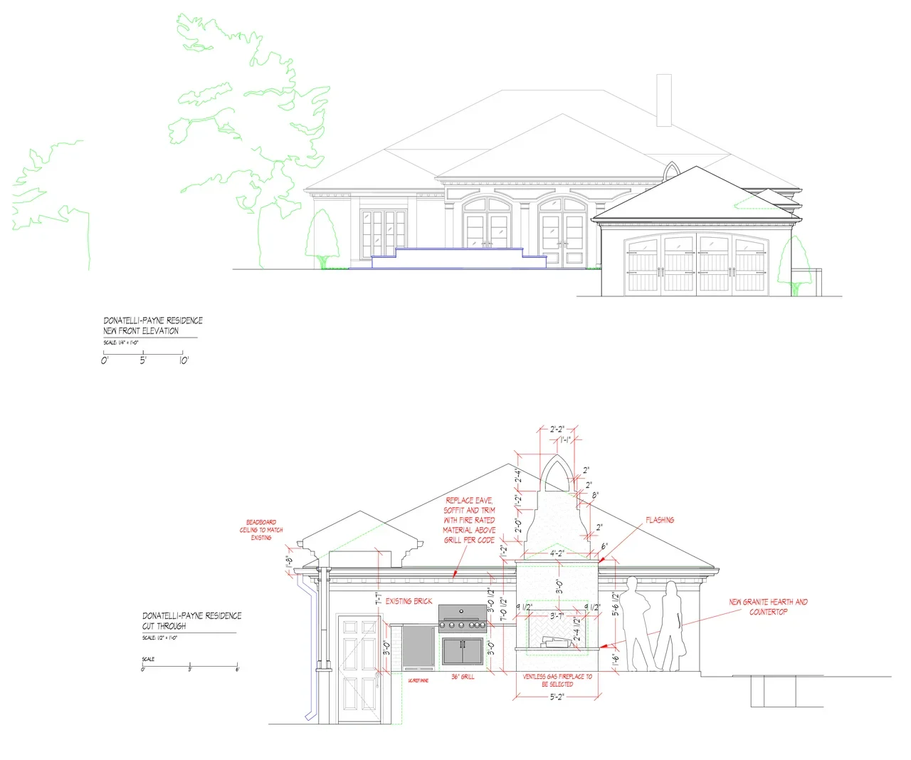 Outdoor renovation in Morrocroft, drawings of the new front elevation and a cut-through with grill and fireplace