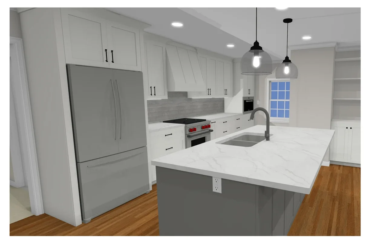First-floor remodel in Old Georgetown, kitchen with white cabinets, gray island, and wood floor
