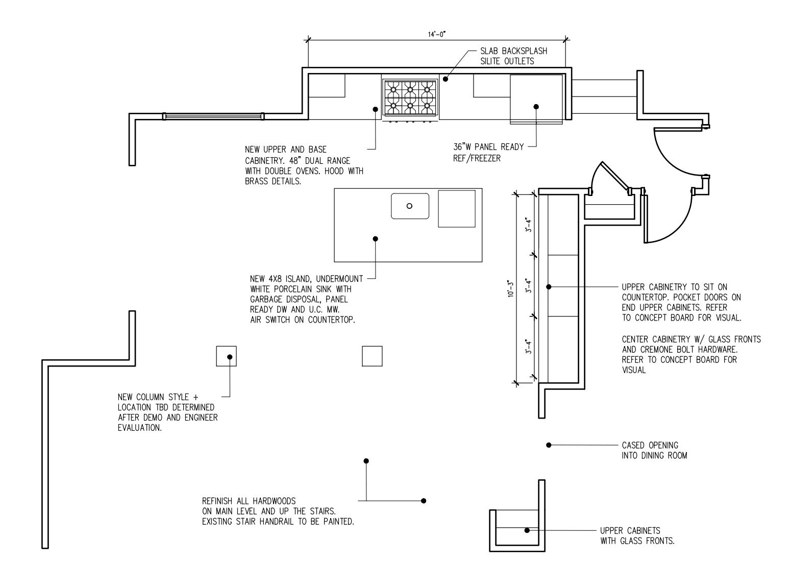 Floor plan of a kitchen remodel in Ballantyne Country Club with a 4x8 island and new cabinetry