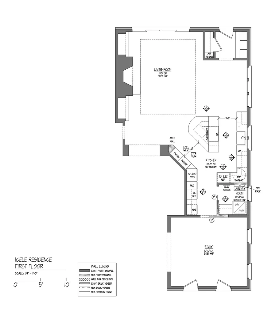Floor plan of a first-floor kitchen and living room remodel in Heydon Hall