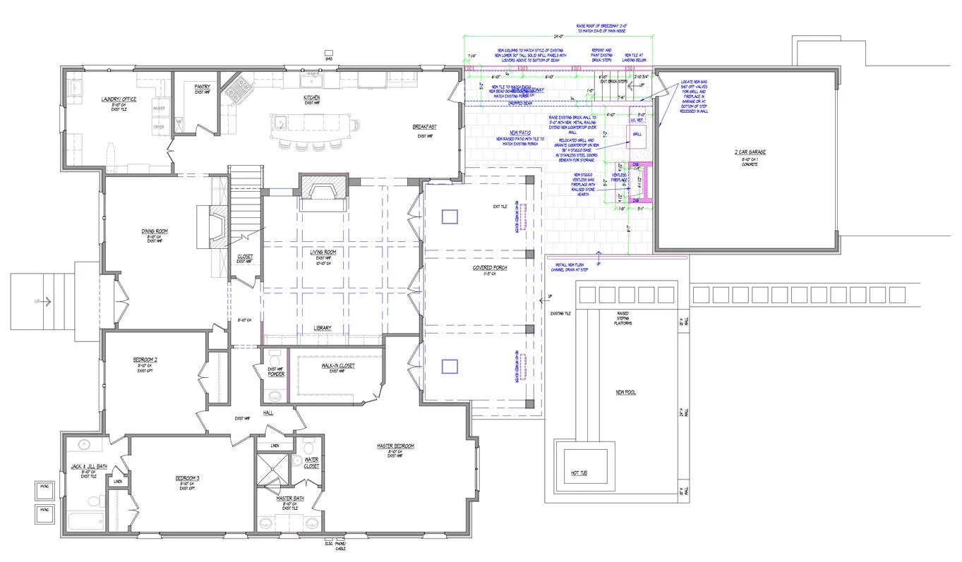 Floor plan of a first-floor outdoor renovation in Morrocroft with a new patio, covered porch, and pool
