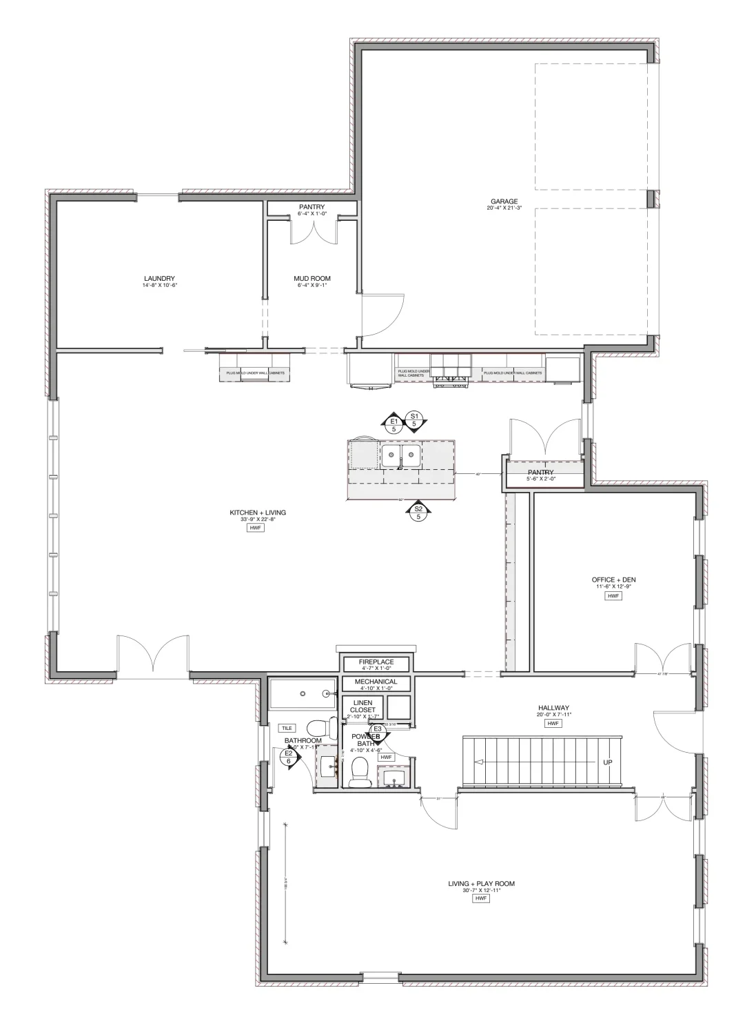 Floor plan of a first-floor remodel in Old Georgetown with kitchen, living room, and garage