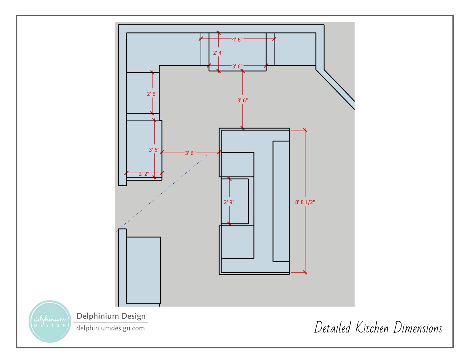 Floor plan of a kitchen remodel in Providence Plantation with an L-shaped counter and island