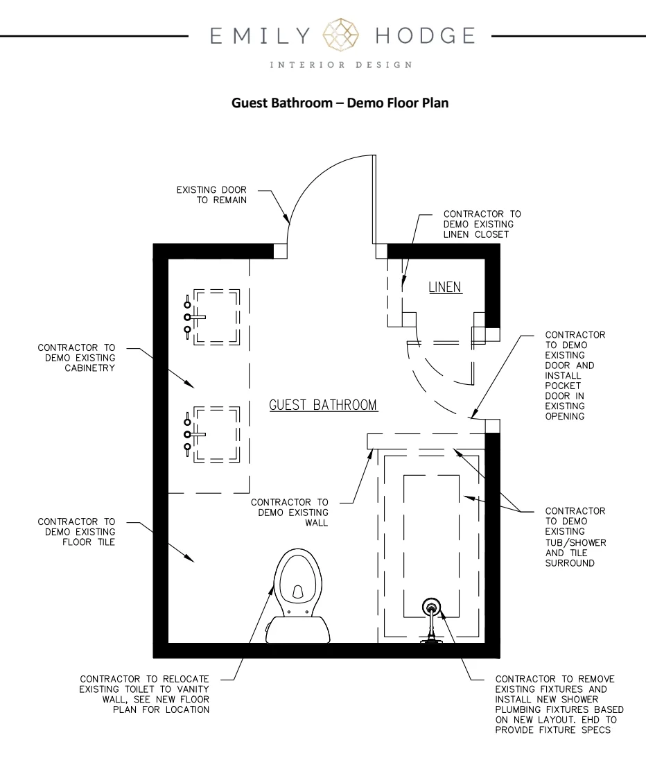 Guest bathroom demo floor plan for a whole-home remodel in Quail Hollow