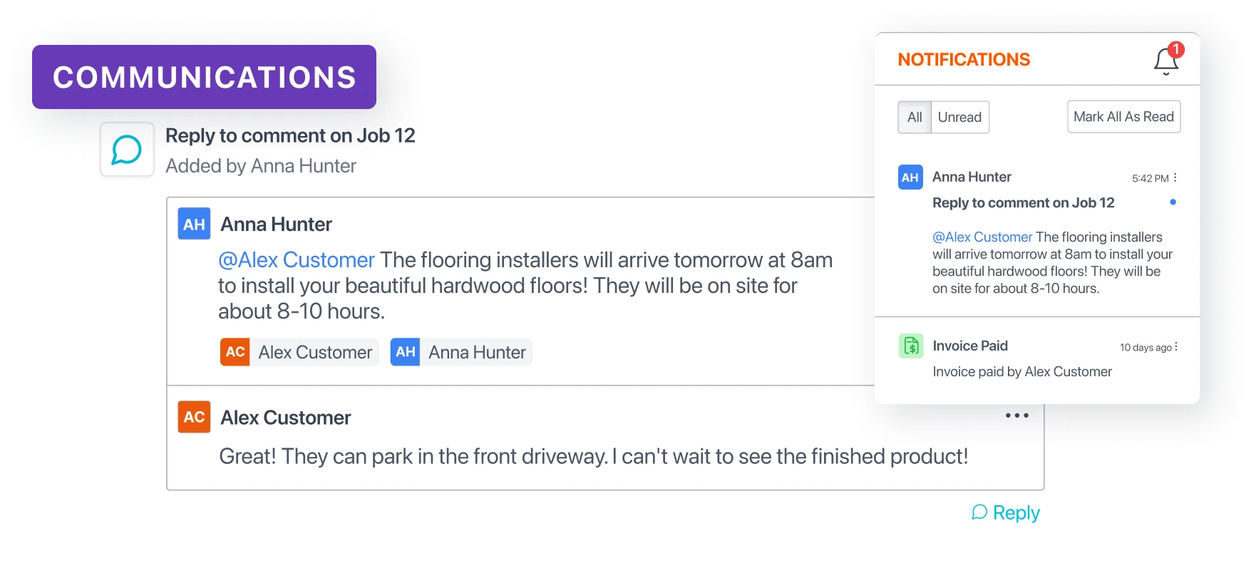 JobTread customer portal message feed