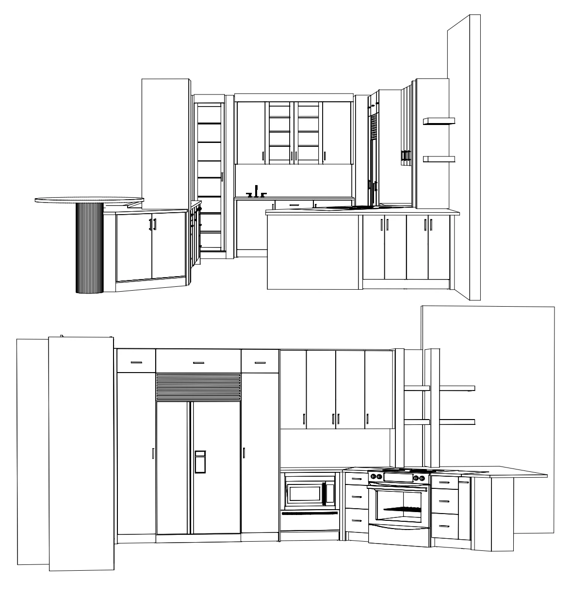 Kitchen design renderings for a penthouse remodel, showing cabinet elevations and island layout