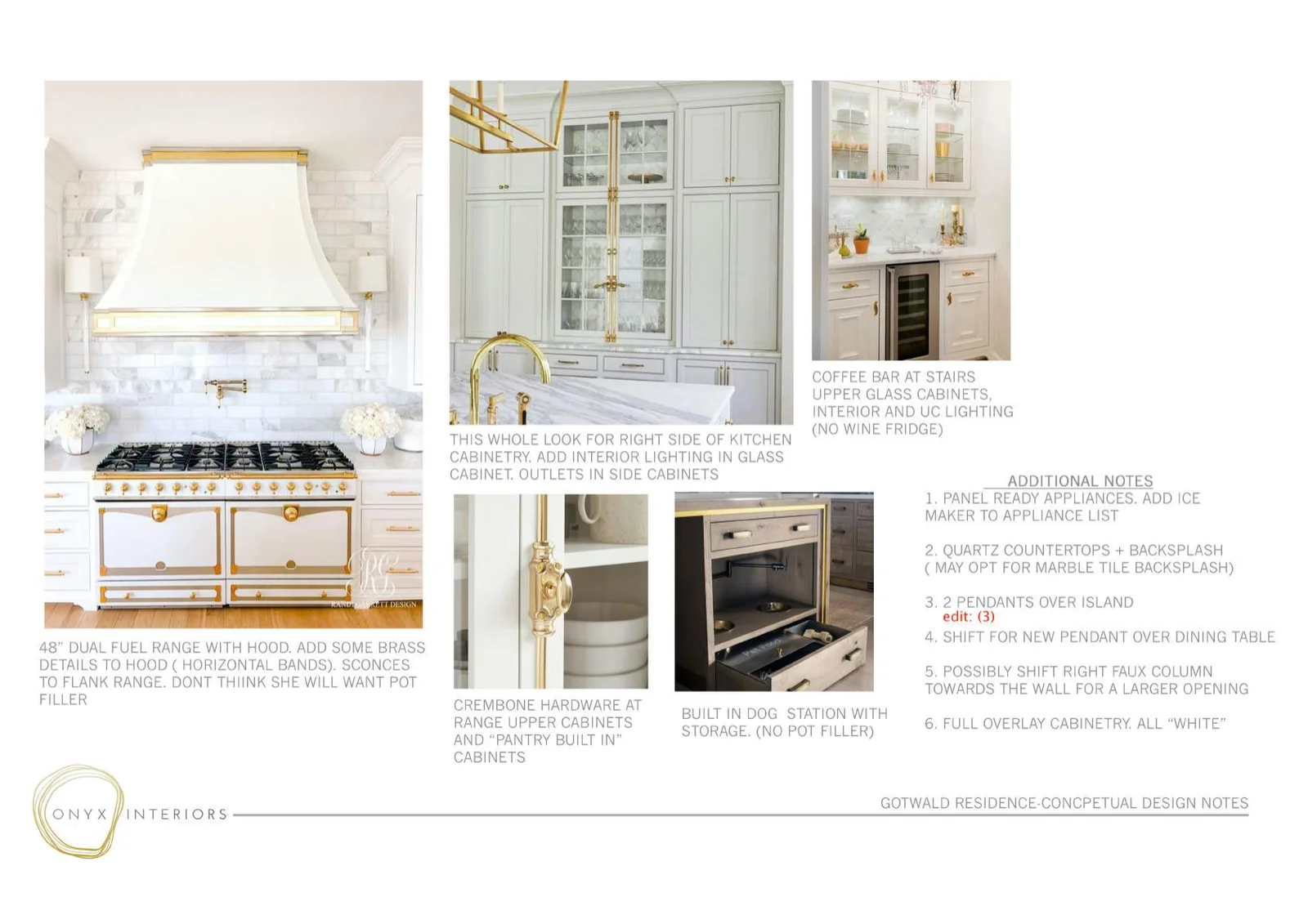 Kitchen design concept with white and brass range, glass cabinets, coffee bar, and dog station