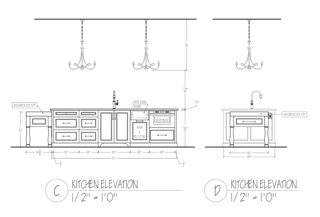Kitchen island elevation drawings for a remodel in Longview Country Club, with sink, microwave, and storage