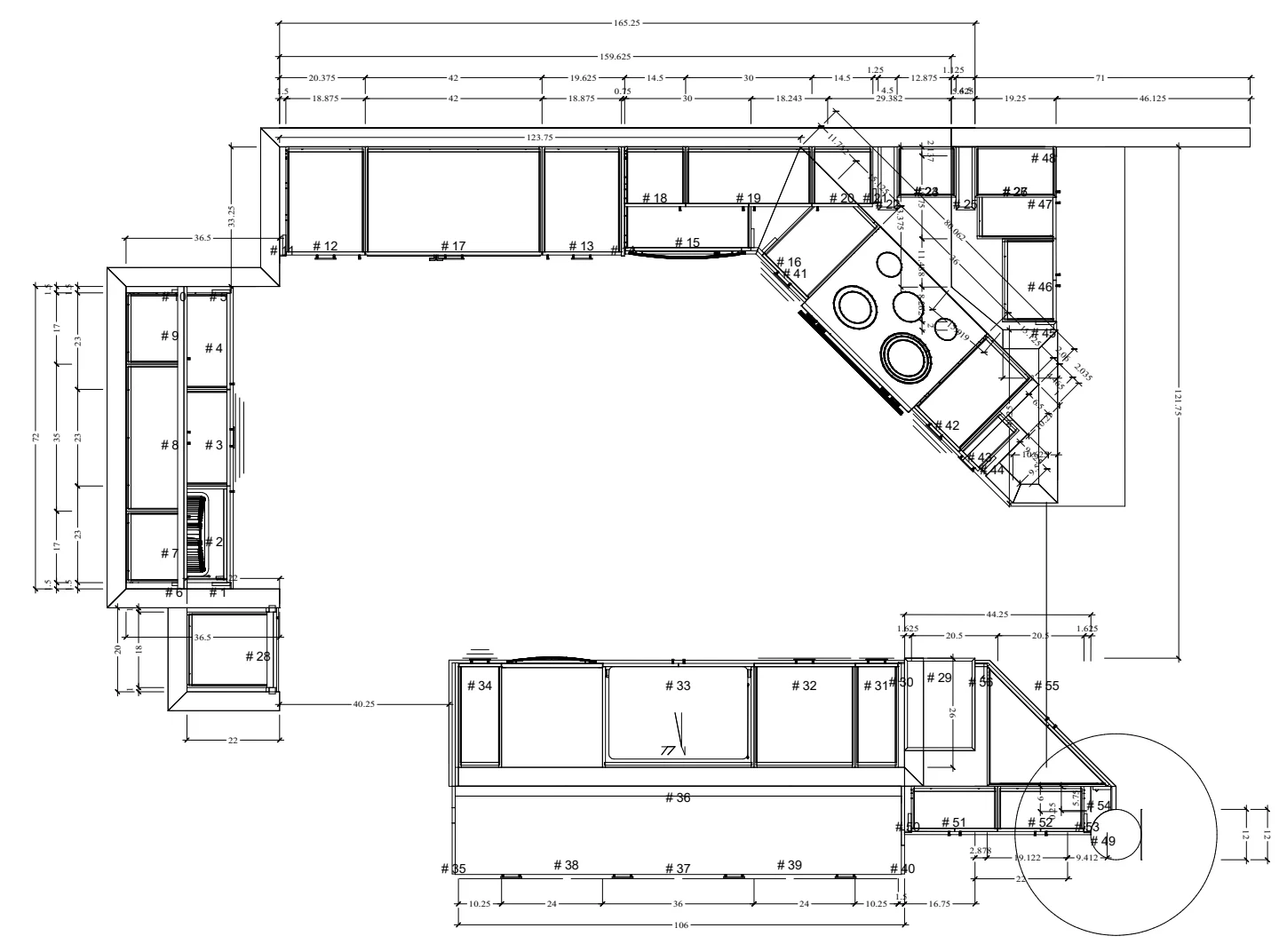 Floor plan of a U-shaped kitchen with dimensions, appliances, and cabinetry shown