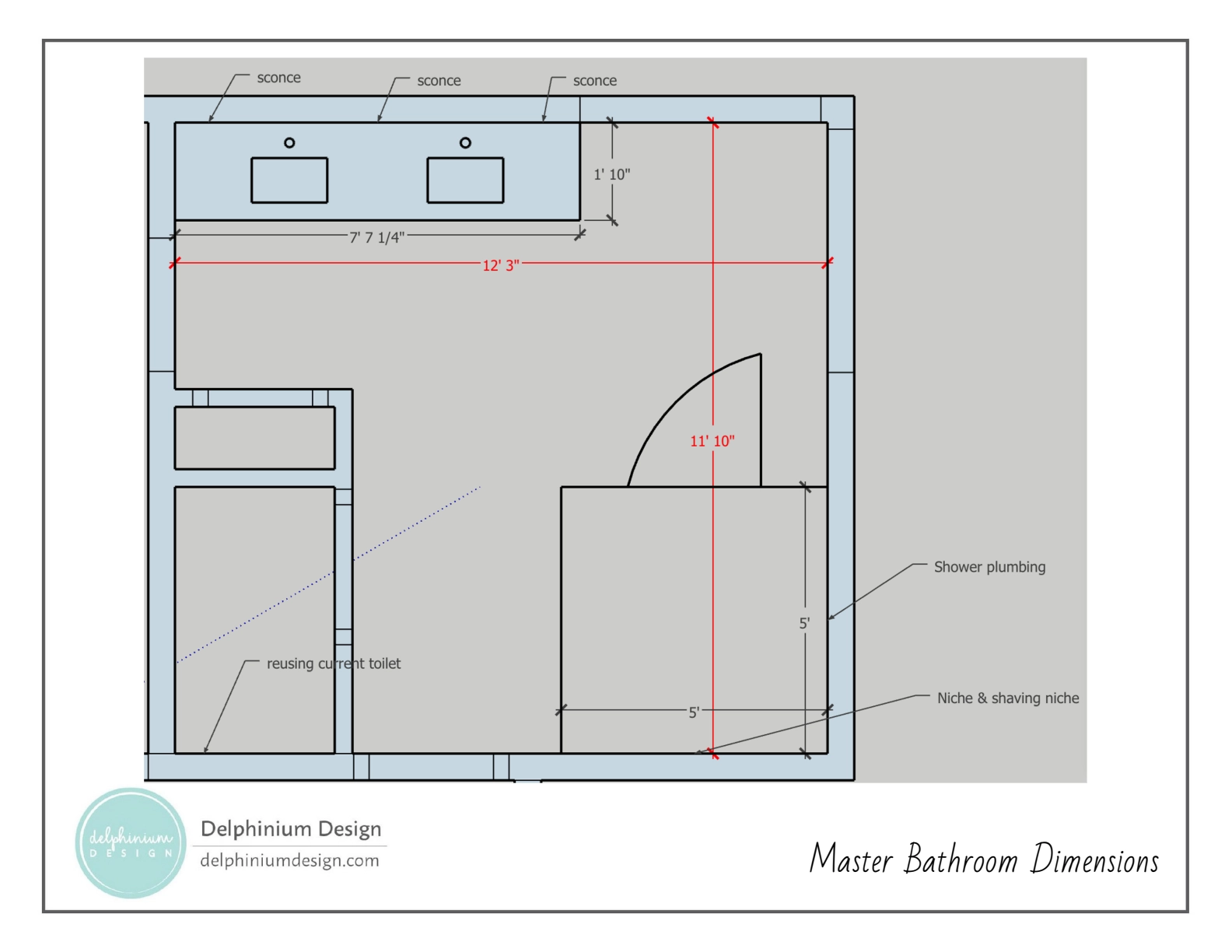 Master bathroom floor plan for a whole-home remodel in Providence Plantation, with vanity, toilet, and shower