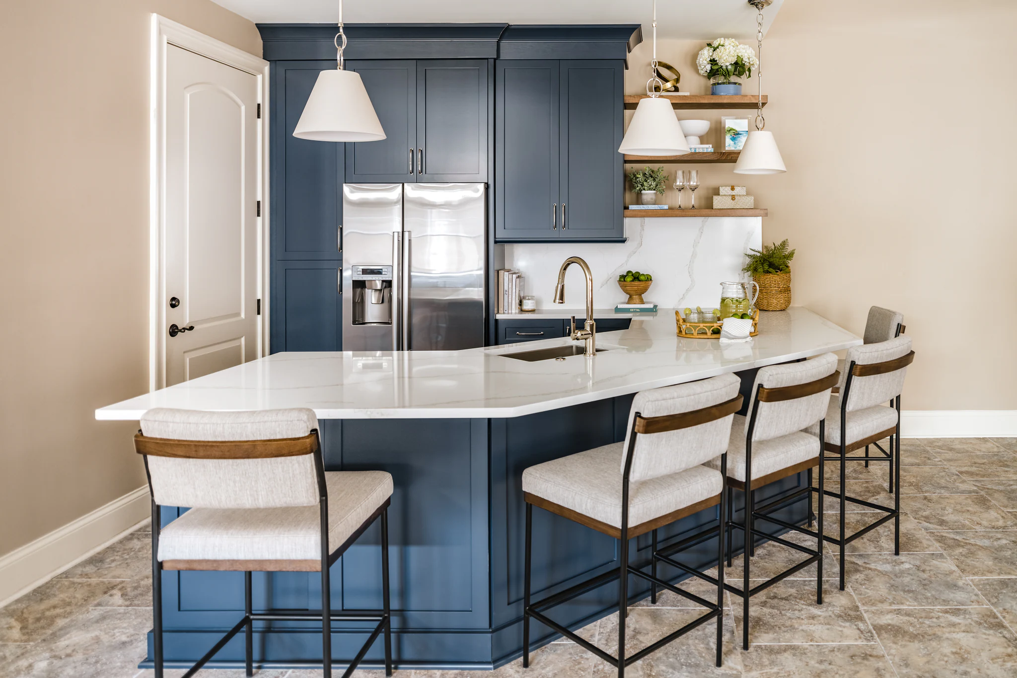 Whole-home remodel in Ballantyne Country Club, navy blue kitchen island, white quartz countertop