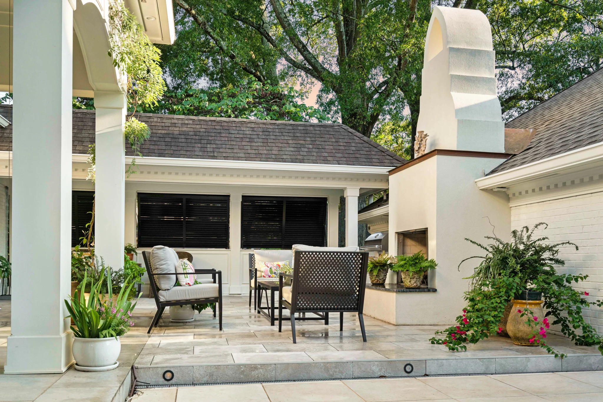 Outdoor renovation in Morrocroft with a patio, fireplace, and lounge seating