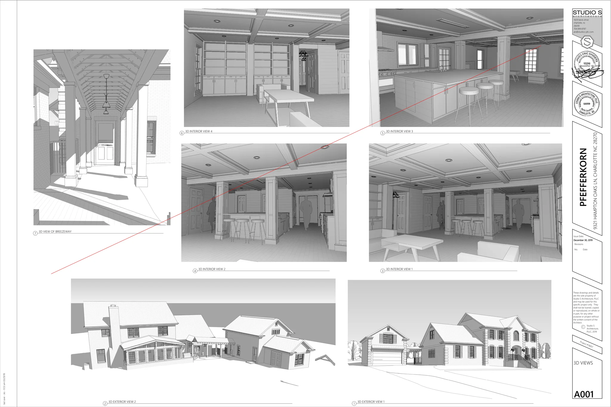 Architectural drawings for a whole-home remodel in Providence Plantation, showing interior and exterior views