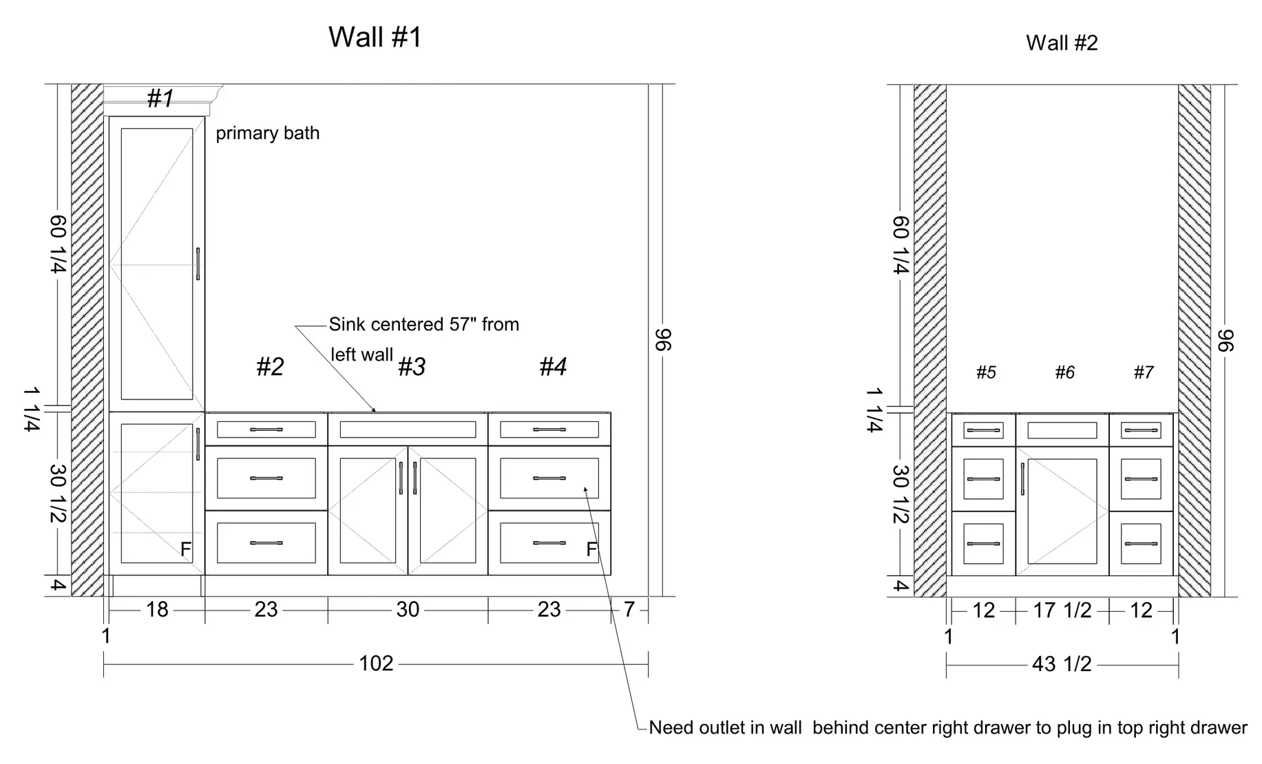 Primary bathroom vanity elevation drawings for a whole-home remodel in Historic Dilworth