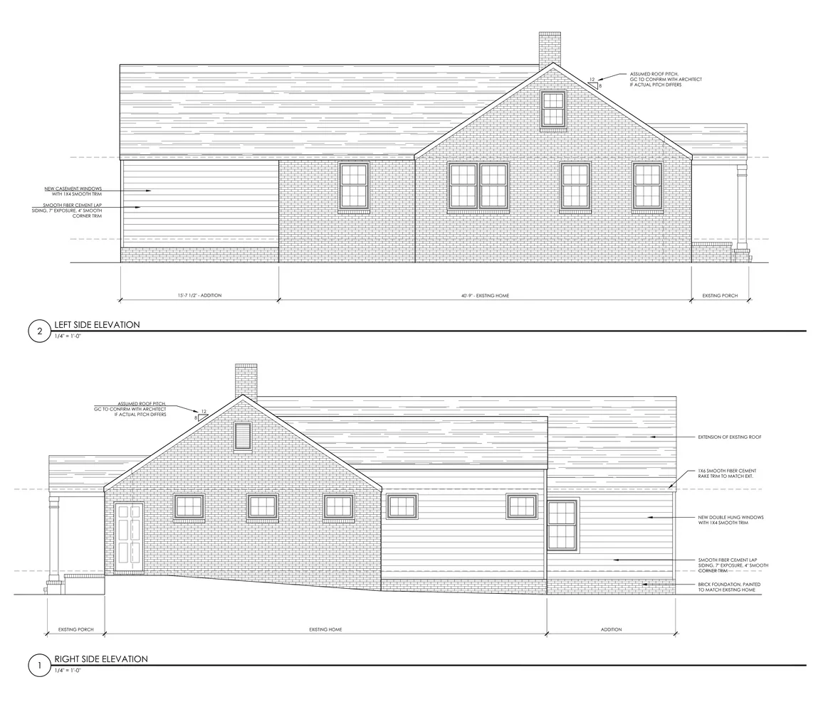 Architectural drawings of a Sedgefield whole-home remodel and addition, left and right side elevations
